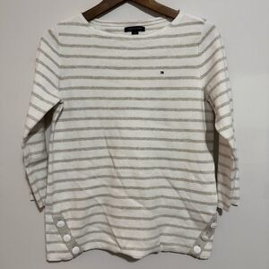 Tommy Hilfiger Cream and Tan Nautical Striped Long Sleeve Top